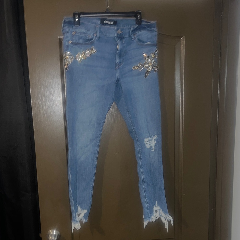 Express Light Blue Embellished Ankle Jeans